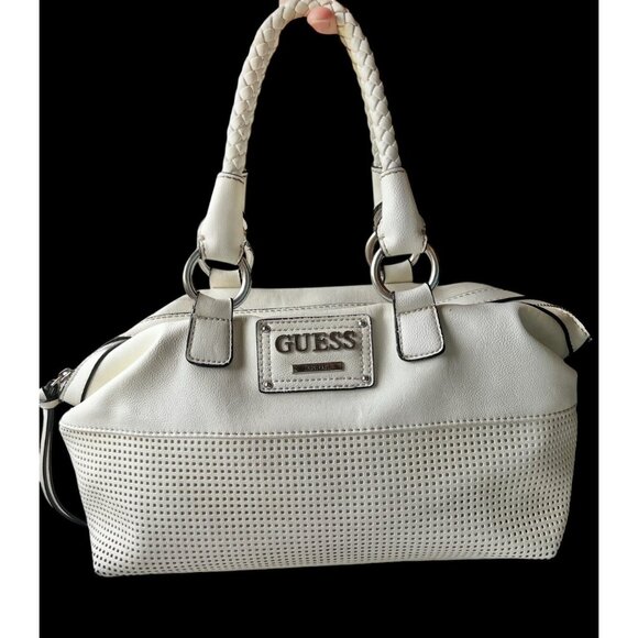 Guess White Leather Perforated Satchel Handbag With Braided Handle 6 tall 10” L - Picture 1 of 16